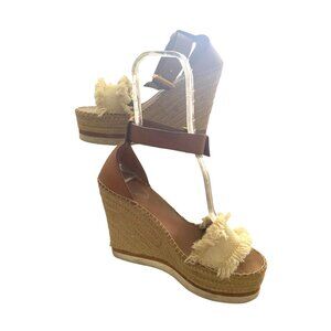 See By Chloé Womens Brown Leather & Canvas Wedge Sandals With Fringe Detail